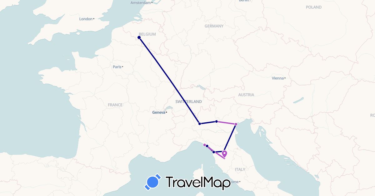 TravelMap itinerary: driving, train in Belgium, Italy (Europe)